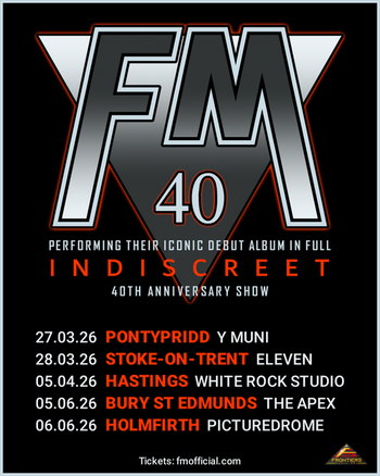 FM "Indiscreet" 40th Anniversary 2026 UK tour poster 